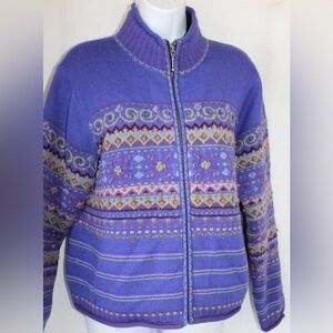 Like New Vintage Icelandic Design M Purple Wool Embroidered Zip Cardigan Sweater
